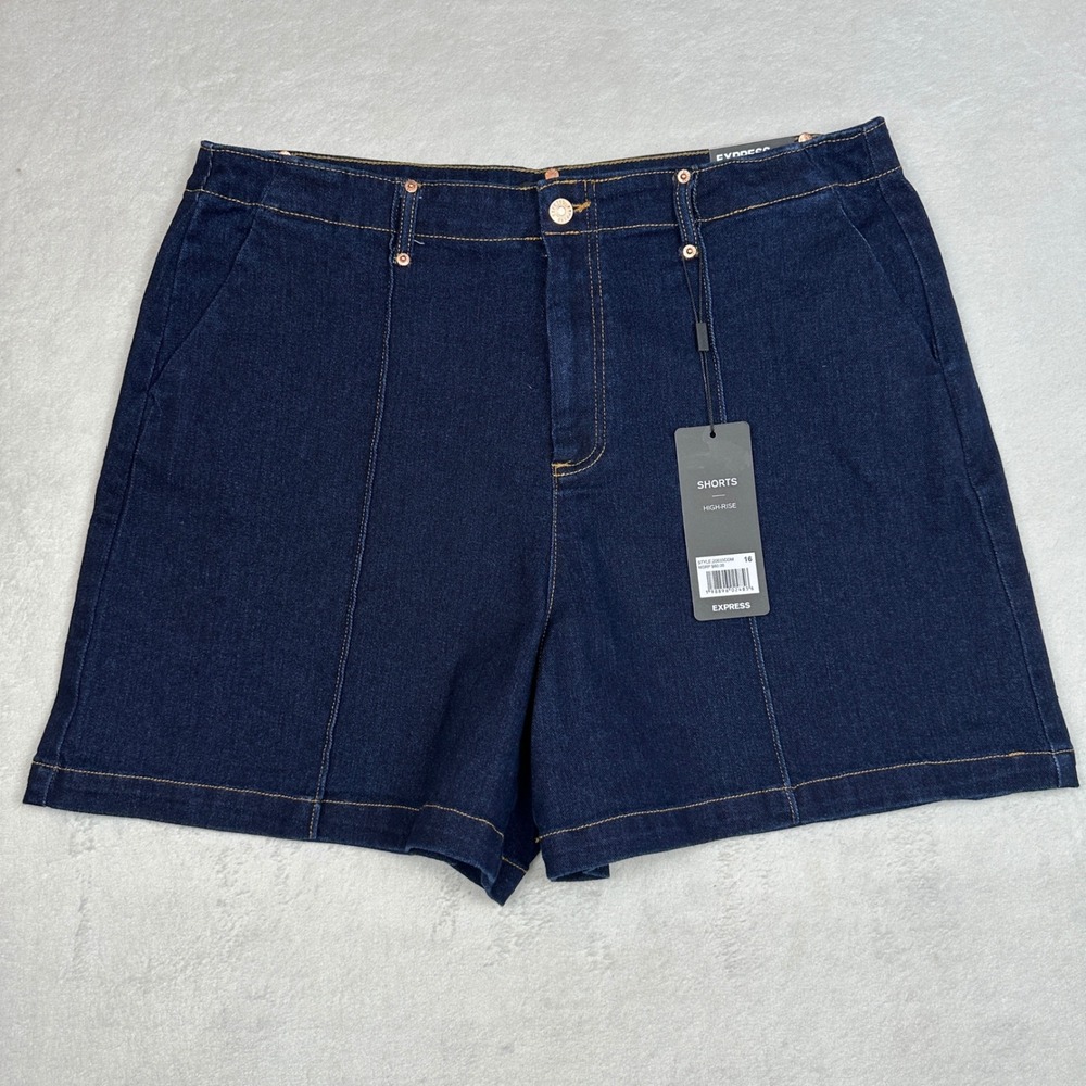 Express Womens High Rise Dark Indigo Denim Shorts Front Seam Size 16 NEW